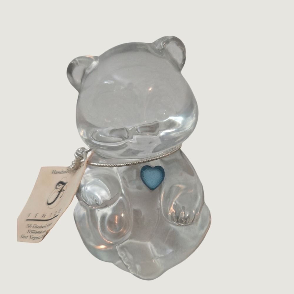 Fenton December Birthstone Bear Blue Heart Glass Figurine w Tag USA paperweight